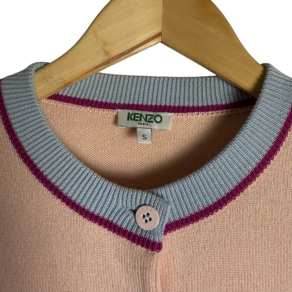Kenzo Tiger Patch Pink Gray Colorblock Wool Cardigan Sweater Size Small - Picture 2 of 11